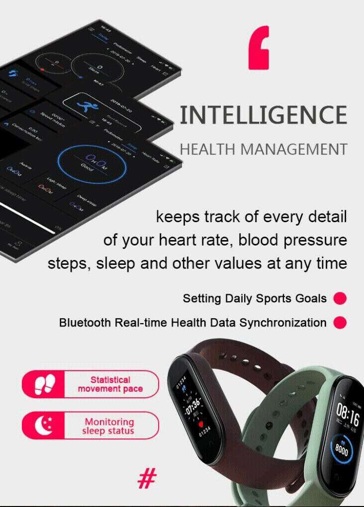 M5 Bluetooth 5.0 Smart Horloge Polsbandje Gezondheid Hartslagmeter Smartband Monitor Gezondheid Polsbandjes Voor Adriod Ios TSLM1