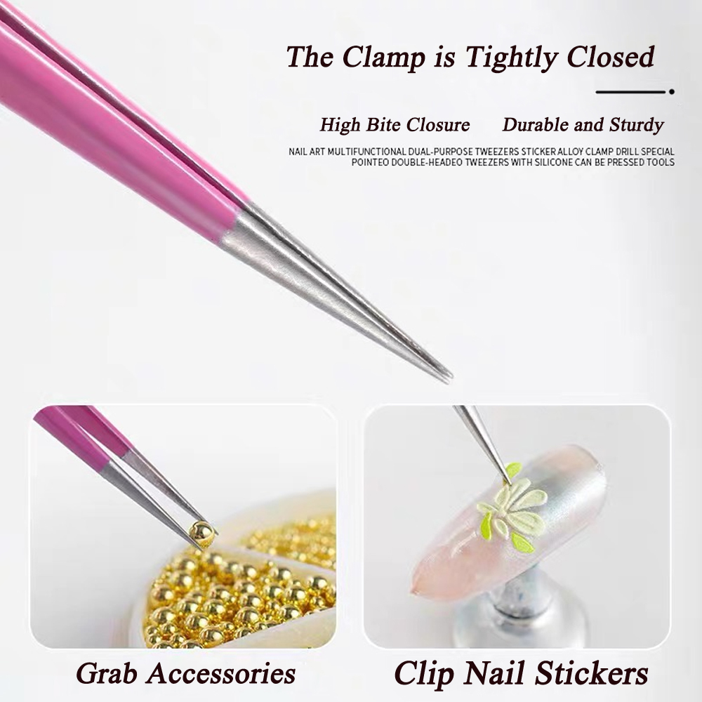 Pinzas de doble cabeza negras/rosas, herramienta de maquillaje de punta inclinada de acero inoxidable, cabezal de prensa de silicona para pegatinas de uñas, pinzas para pestañas