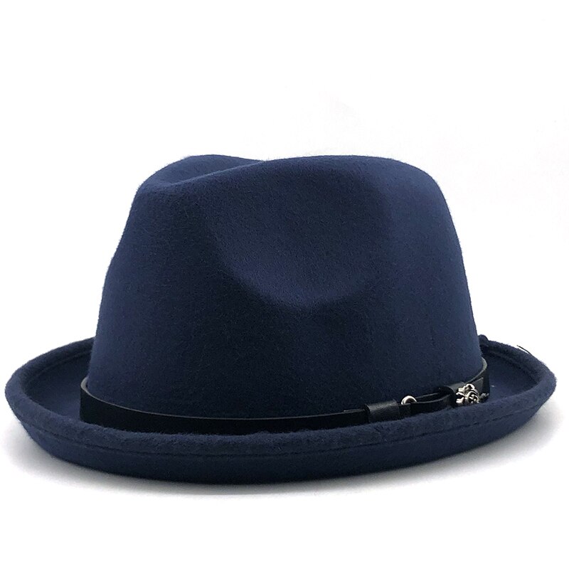 Simple Men&#39;s Felt Fedora Hat for Gentleman Winter Autumn Church Roll Up Brim Homburg Dad Jazz Hat: Navy