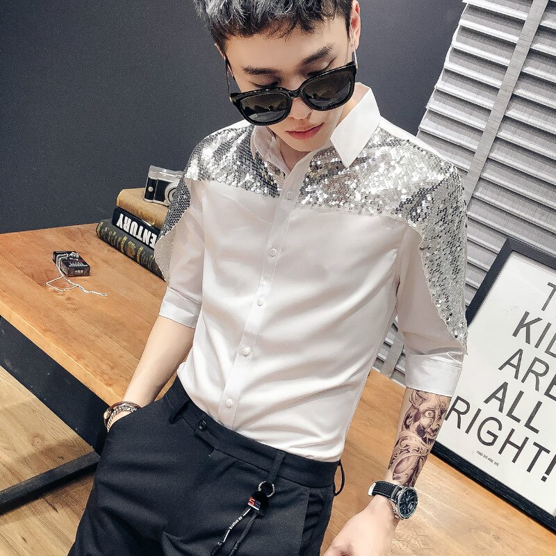 Paljett smoking skjortor män casual slim fit långärmad herr klänning skjortor nattklubb fest bal streetwear kläder social skjorta