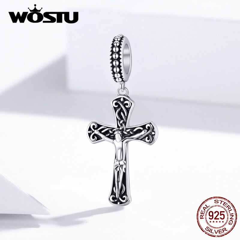 WOSTU 925 En Argent Sterling Croix Perles Charmes Ajustement Bracelet D'origine Collier Pendentif Style Religieux Bijoux CQC1407