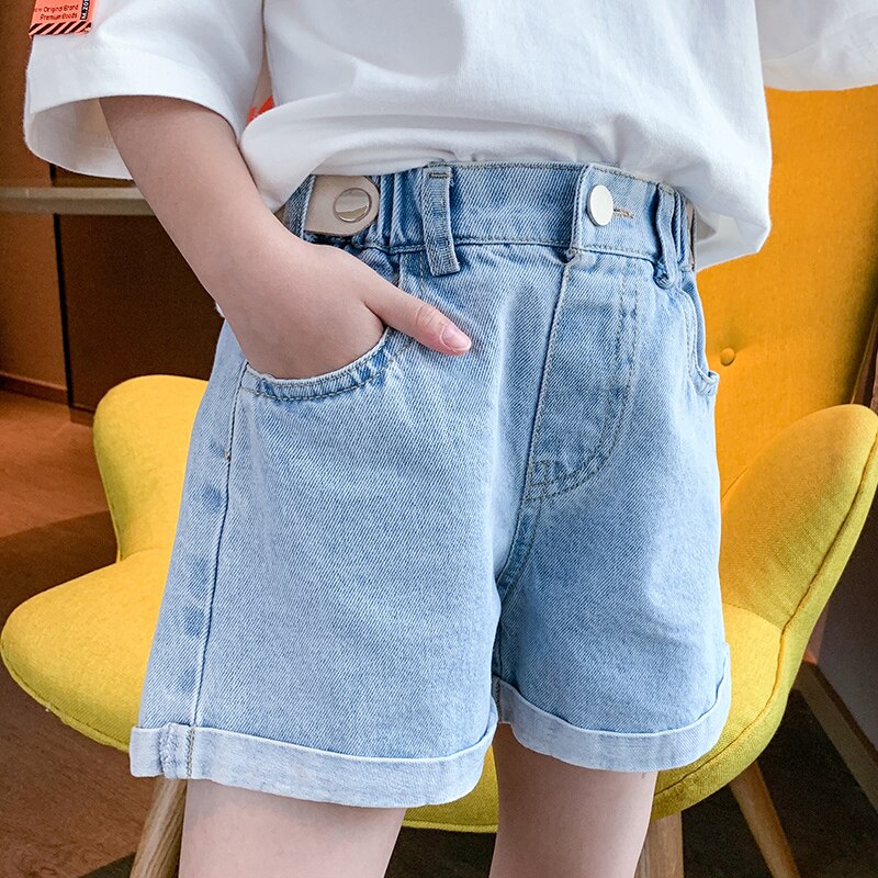 Pantaloni Jeans corti estivi per ragazze grandi pantaloni Casual per adolescenti per ragazze vita elastica pantaloncini di Jeans blu a gamba larga pantaloni 6-16Y