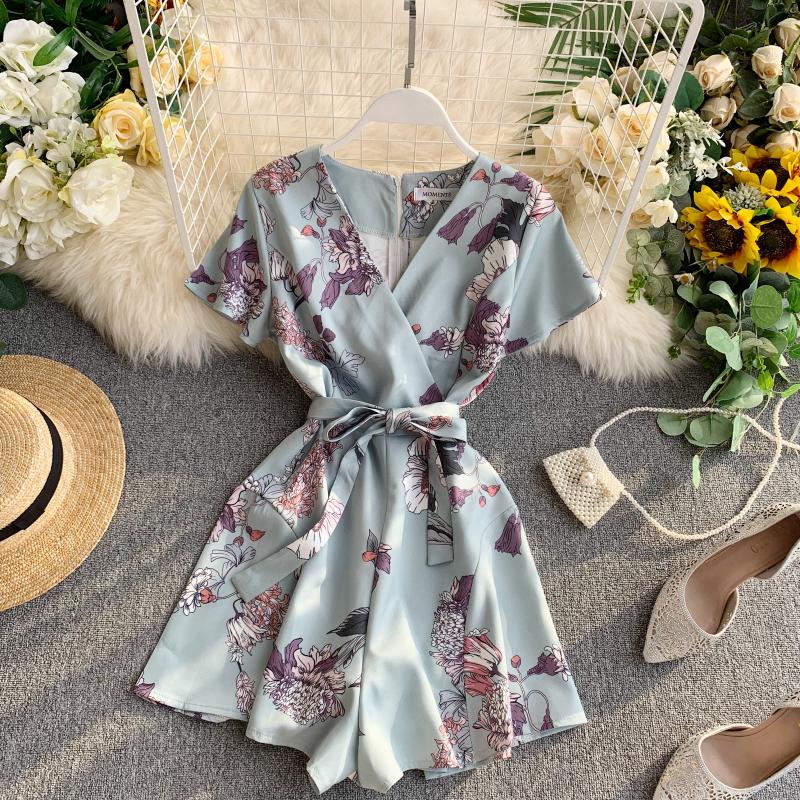 Mono Vintage bohemio ajustado con estampado floral para mujer, pelele Sexy informal con cuello en V para mujer, traje corto de estilo veraniego para playa y vacaciones,: light green