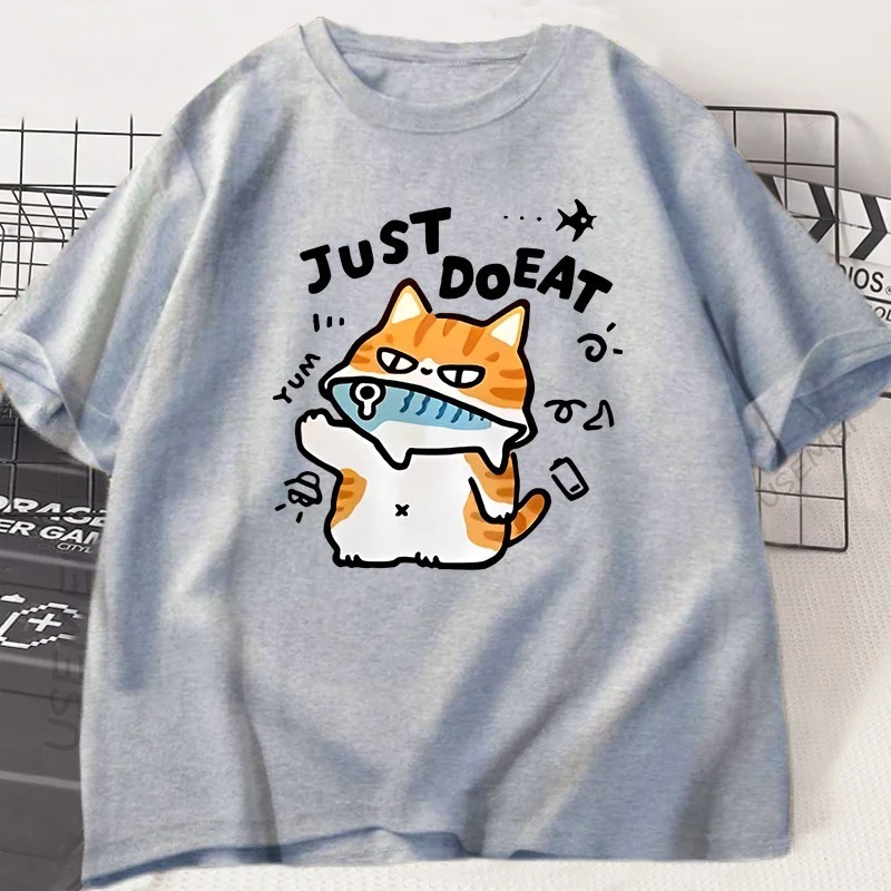 Engraçado gato comer peixe camiseta para mulheres verão topos camisetas o pescoço roupas femininas streetwear manga curta t camisa: XS / CINZA