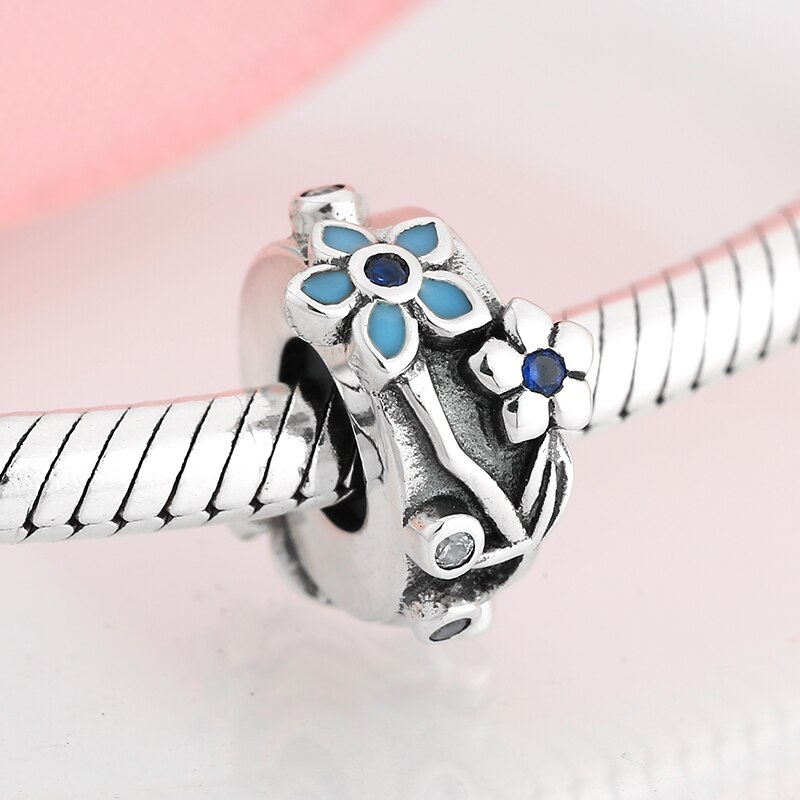 Reale 925 sterlina d'argento Blu dimenticare me non fiori CZ Fermacorda E Ganci Misura Branelli del Distanziatore Originale Braccialetto Europeo di Fascino Monili che fanno