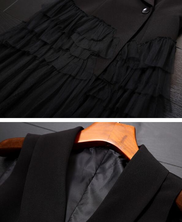 Spring Summer Runway Suits For Women Office Lady Double Breasted Suit Jacket Blazer Splice Mesh Tulle Dress