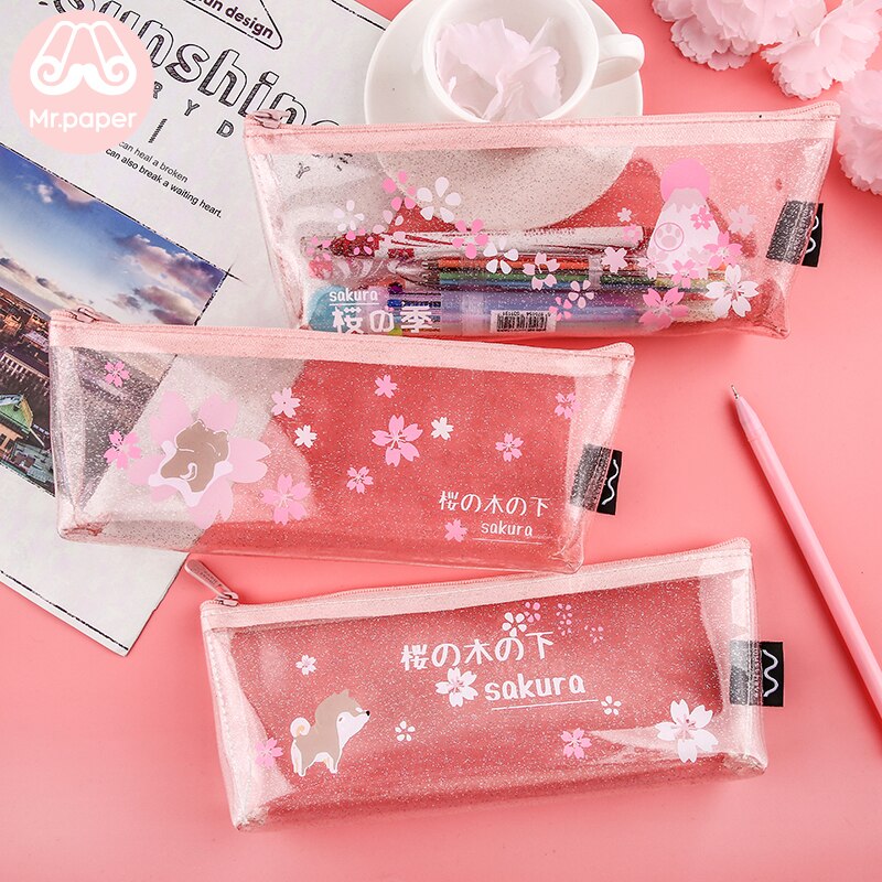 Mr.Paper 4 Designs Pink Cherry Blossom Shiba Inu Transparent Pencil Bags School Case Student Large Size Pencil Bags