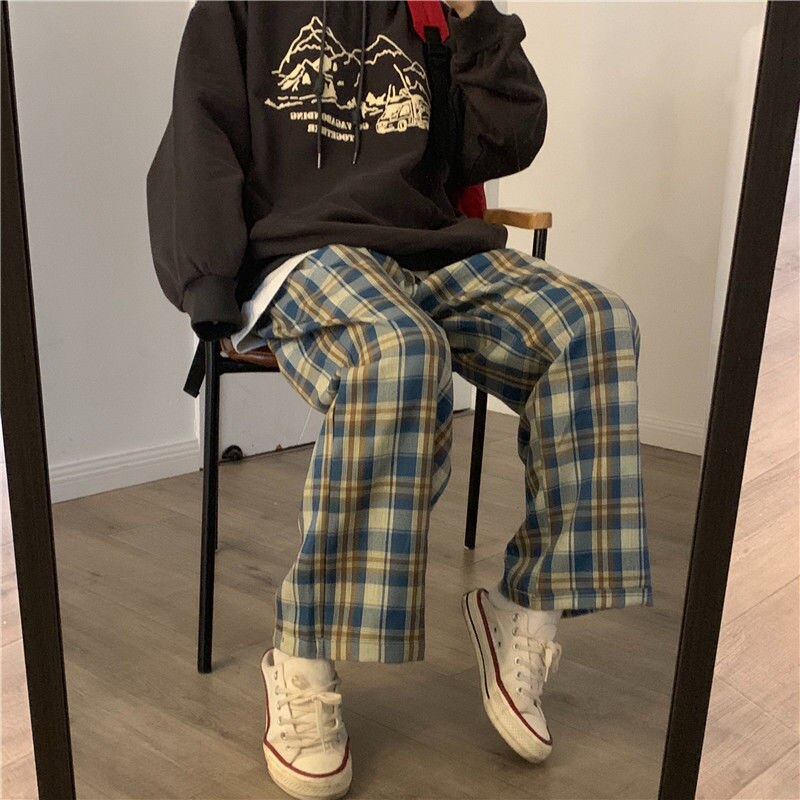 Karierten Hosen für Frauen Jahrgang Plaid Hosen Koreanische Stil Breite Bein Hosen Frauen Sommer Blau Harajuku Übergroßen Hosen: qianlan / XL