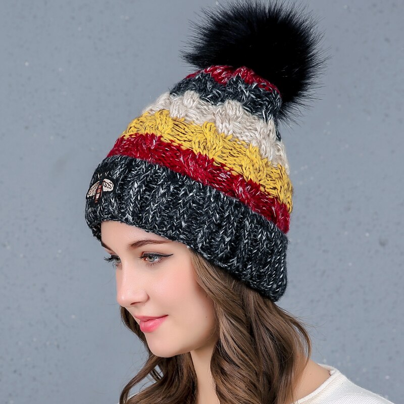 Dame vinter strik slouchy hue hue varm kraniet ski kasket imiteret pels pom pom hatte