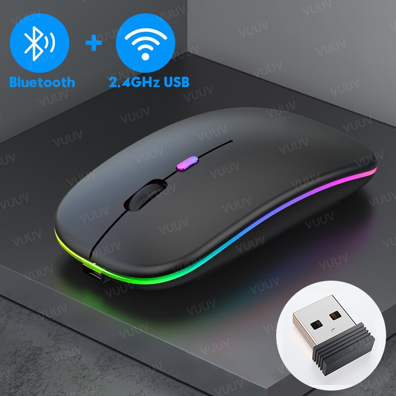 Bluetooth Wireless Mouse For Computer PC Laptop iPad Tablet MacBook With RGB Backlight Ergonomic Silent Rechargeable USB Mouse: Black