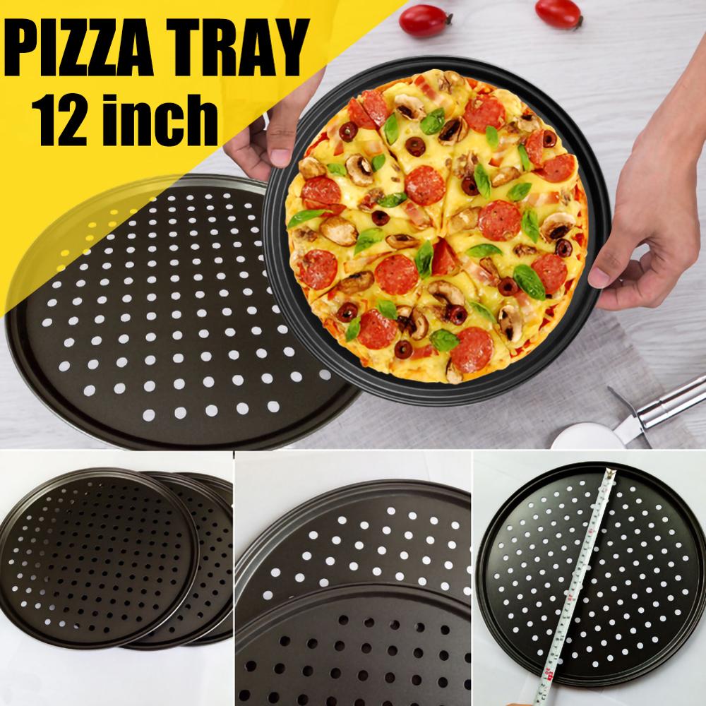 12Inch Carbon Staal Anti-aanbak 2Pcs Pizza Bakken Pan Lade Pizza Plaat Gerechten Houder Bakvormen Thuis Keuken Bakken Tools accessoires
