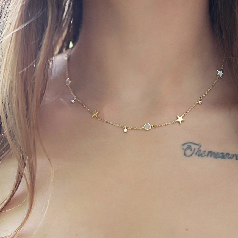 Silvology 925 sterlina d'argento Rotonda perlina Zircone stella Collana in Oro mini Romantico Struttura Elegante Femminile Del girocollo Della Collana Dei Monili