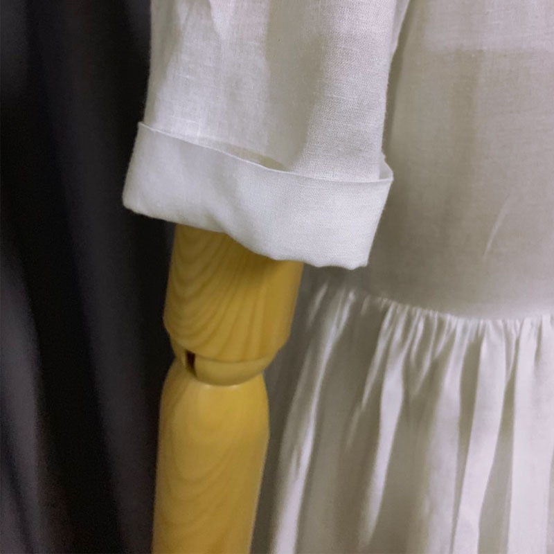Celebrity dress white dress mid-length cotton and linen V-neck waist large pocket short-sleeved shirt skirt summer