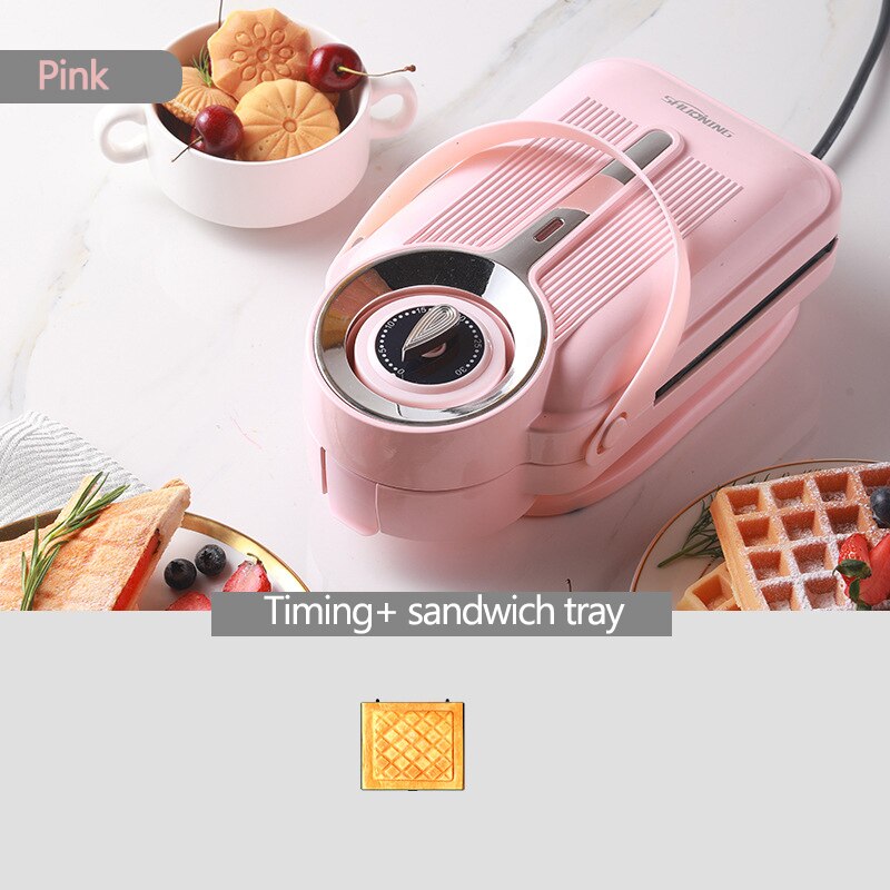 Sandwichera eléctrica de 650W con temporizador, máquina para hacer gofres, tostadora, máquina de desayuno Takoyaki, tortitas, Donuts, Sandwichera de 220V: pink 1 tray