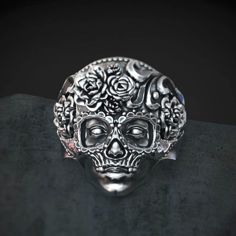 Gothic Mexican Flower Sugar Skull Rings Women Cute Punk Flowers Ring Retro Flower Cool Sugar Skull Classics Biker Jewelry