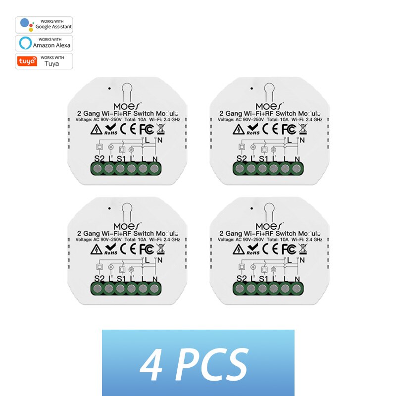 2 Gang 2 way WiFi Smart Light Switch WiFi+RF433 Smart Switch Module Tuya APP Remote Control Work with Alexa Google Home: 4 pcs