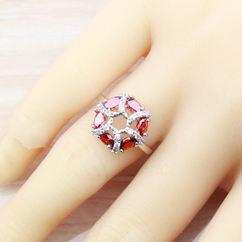 Bedel rode granaat bruids zilverkleur dames kostuum sieraden sets oorbellen ketting ring maat 6/7/8/9/10