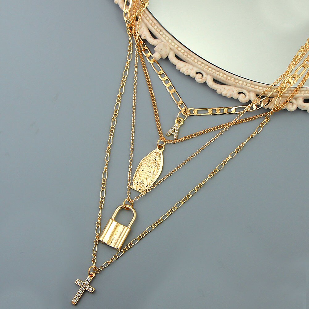 Flatfoosie gouden kristallen letterkruishanger ketting voor vrouwen punk multilayer portretslot lange ketting sieraden