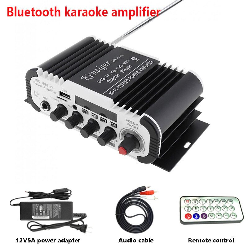 Kentiger HY-V11 With 12V5A Power And AV Cable Bluetooth Amplifier USB TF FM AUX dac 6.5mm Mic Karaoke Speaker Amplificador: with power