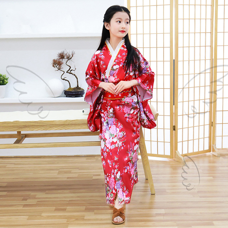 Mädchen Kind Japan Kimono Kleid Traditioneller Haori Yukata Bademantel Satin Luxus Orientalischer Bademantel mit Obi Kinder Cosplay Kleid: S / green