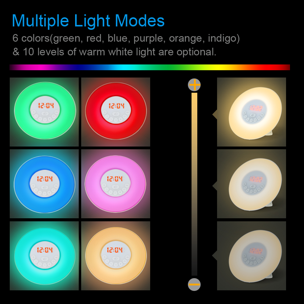 Digital Clock with FM Radio Wake Up Light Alarm Clock Sunrise Sunset 7 Color Light 6 Nature Sound Snooze Function Touch Control