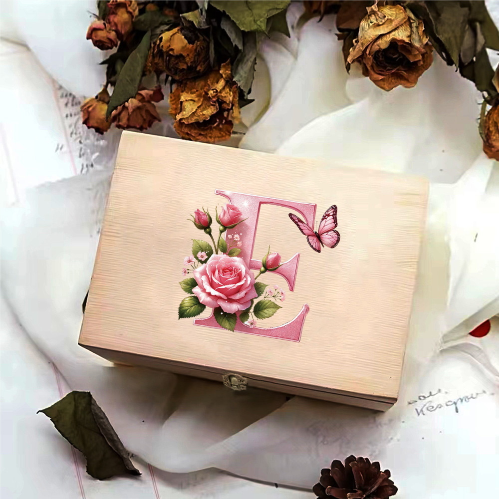 Wooden Storage Box With Hinged Lid Durable Multifunctional Case Crafts Jewelry Boxes For Household Pink Butterfly Letter Pattern: Yellow