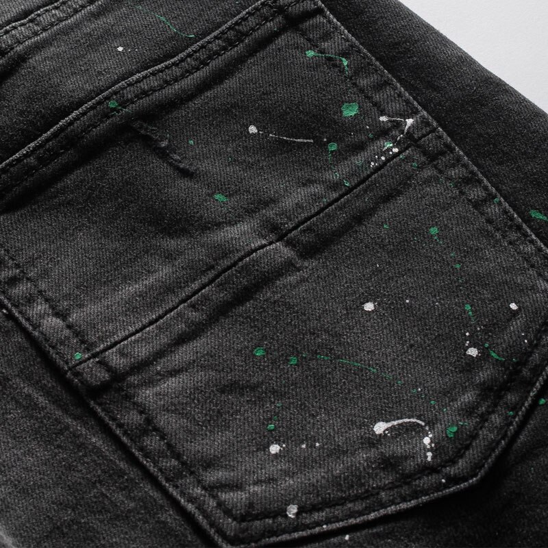 Streetwear Mannen Jeans Zwarte Kleur Verf Ripped Jeans Mannen Punk Broek Elastische Slim Fit Hip Hop Jeans homme