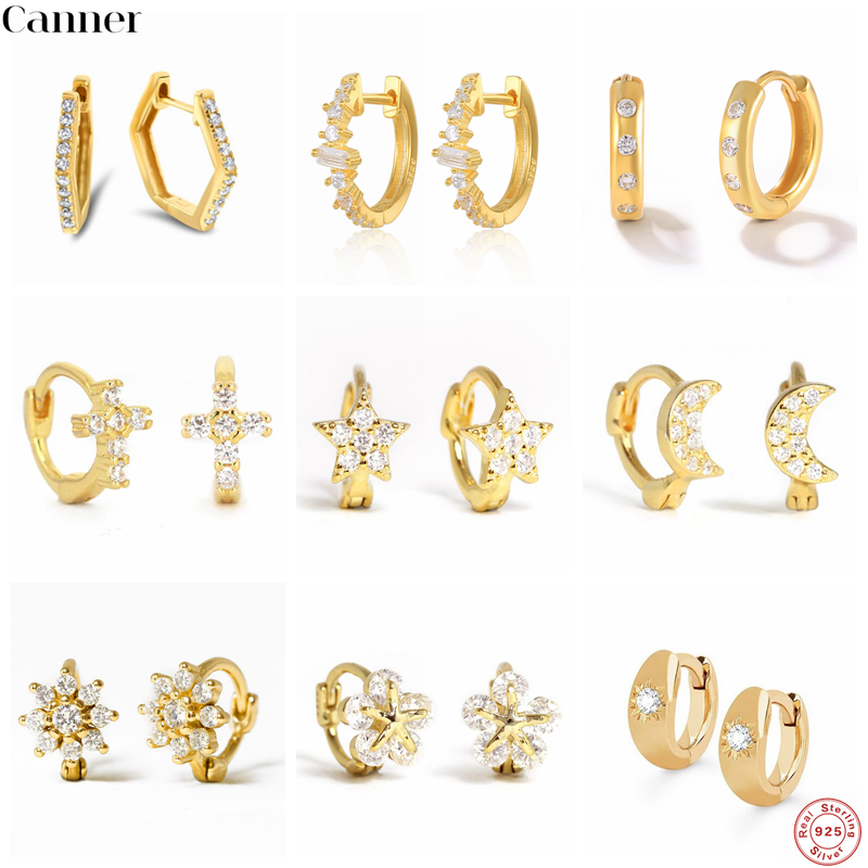 CANNER-pendientes de aro de Plata de Ley 925 auténtica para mujer, aretes redondos de estrella de copo de nieve pequeños, joyería con dijes,