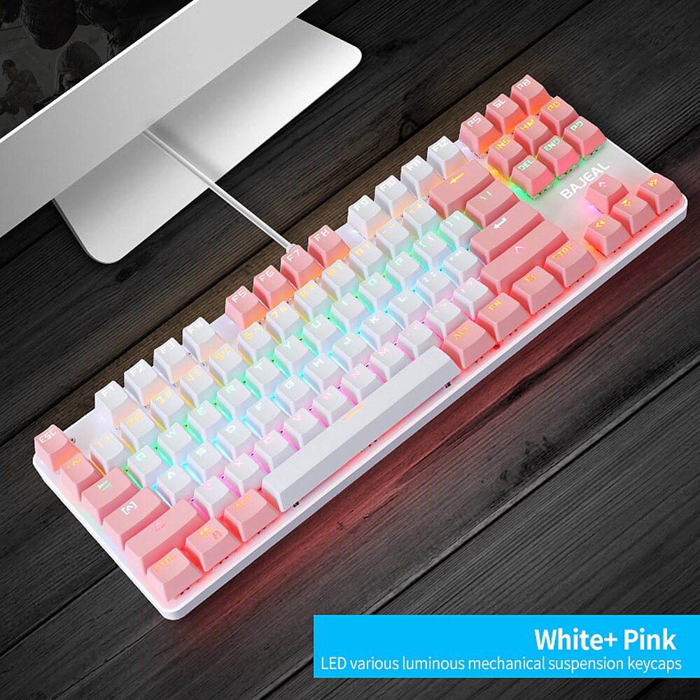 BAJEAL K100 87 Keys Wired Gaming Mechanical Keyboard Mixed Light Mechanical Keyboard with Blue Switch Suspension Button For PC: White Pink