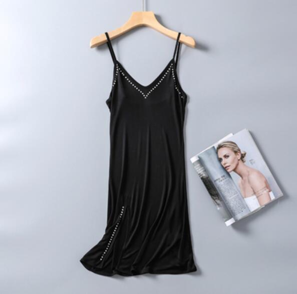 Kvinners s 50%  silke 50%  viskose full slip nattkjole nattøy chemise justerbare stropper  sg332: Svart / L