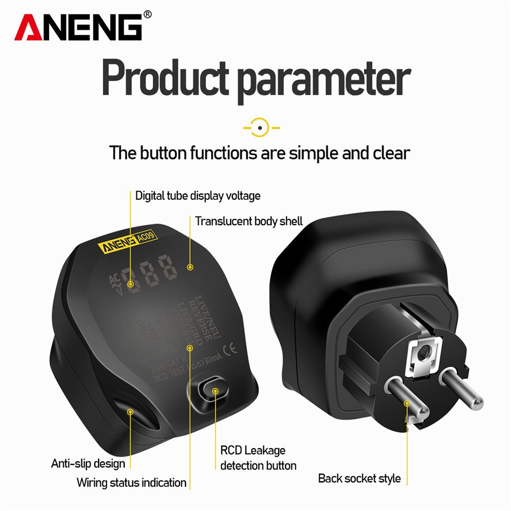 ANENG AC09 cyfrowy miernik robić gniazdka napięcie gniazdo testowe detektor nas/UK/ue/AU wtyczka na żywo ziemi neutralny mierników test RCD
