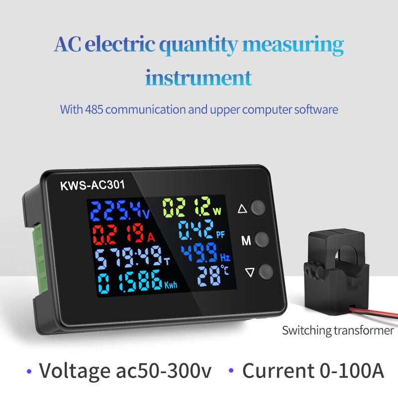Voltímetro Digital de KWS-AC301, medidor de potencia eléctrica, vatímetro, analizadores de energía CA 50-300V, Detector de voltaje 0-100A 50-60HZ: 301L-100A Open-Close
