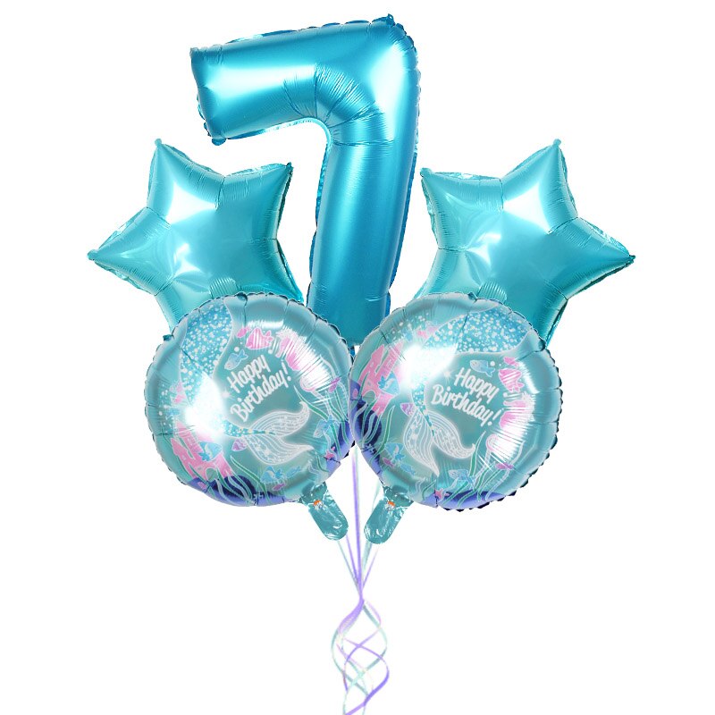 5Pcs Mermaid Theme Party Foil Balloons Little Mermaid Balloon Kids Birthday Party Decorations Mermaid Baby Shower Supplies: Number7 set