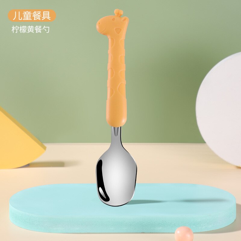 Baby servise sett barn redskap giraff spedbarn mat mat skje gaffel rustfritt stål småbarn servise bestikk gadgets: Gul skje