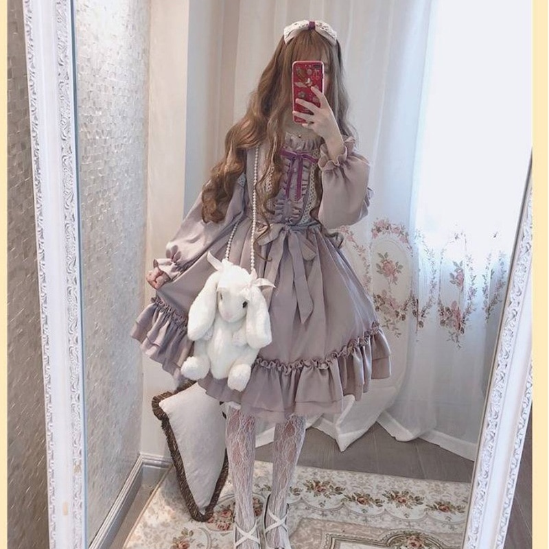 Moda feminina doce lolita lolita roupas kawaii vestido bonito estilo japonês lolita plissado vestido vintage manga sopro doce lavanda