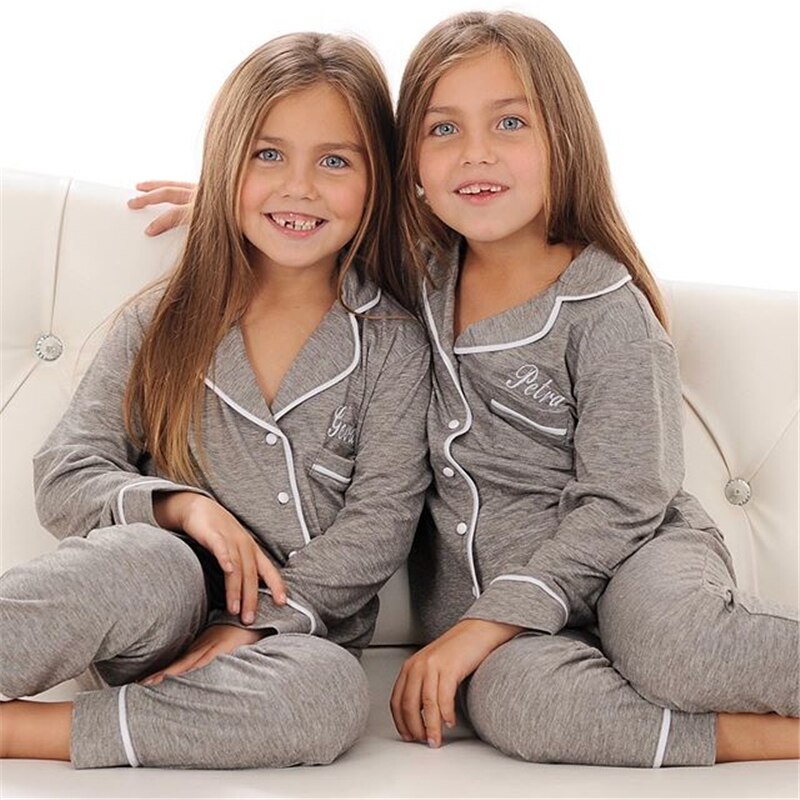 2- delige pyjamaset voor peuters, meisjes, jongens, lange mouwen, revers, knopen, overhemd, top en broek, katoenen casual, huiskleding, nachtkleding, nachtkleding