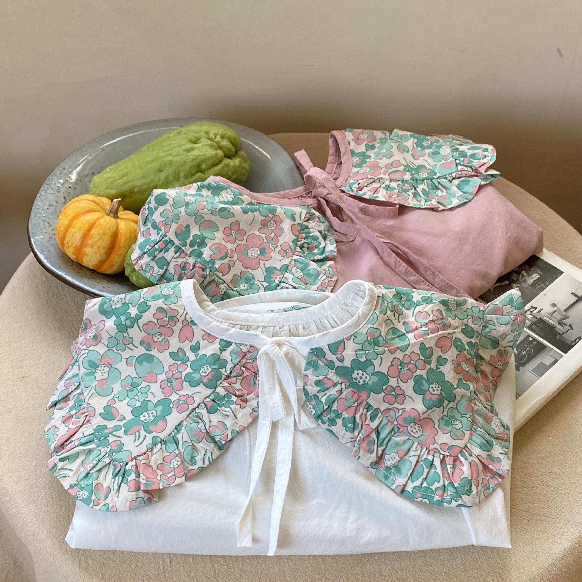 2022 Lente Koreaanse Kinderkleding Koreaanse Stijl Groen Bloemen Grote Revers Meisjes Shirt
