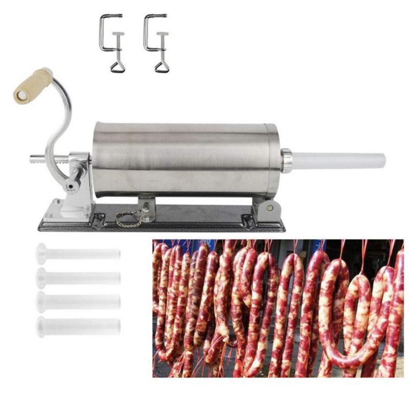 MASTER FENG Worstvuller, horizontale keuken aluminium vleesworstmaker met zuigbasis verpakt 4 maten professionele vulmondstukken voor zelfgemaakt (5 lbs/3 l (horizontaal
