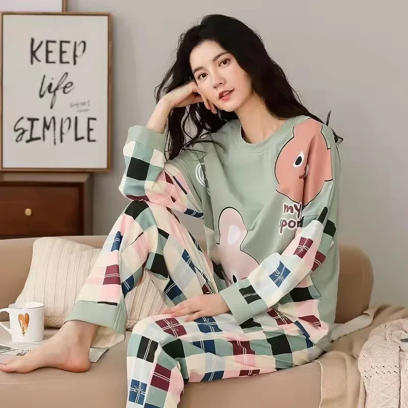 Kvinders pyjamas forår og efterår langærmet efterår og vinter hjemmetøj plus size enkelt løstsiddende jakkesæt overtøj: Xxl / Guld