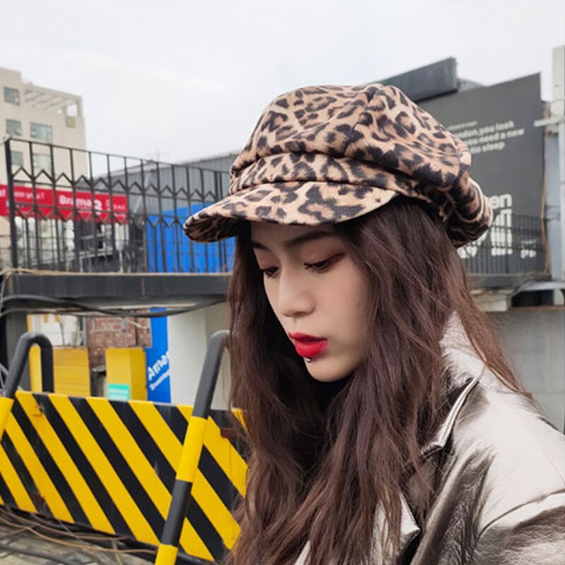 Foux casquette gavroche femme automne hiver chapeau léopard rétro multifonction béret boulanger peintre casquette octogonale étanchéité