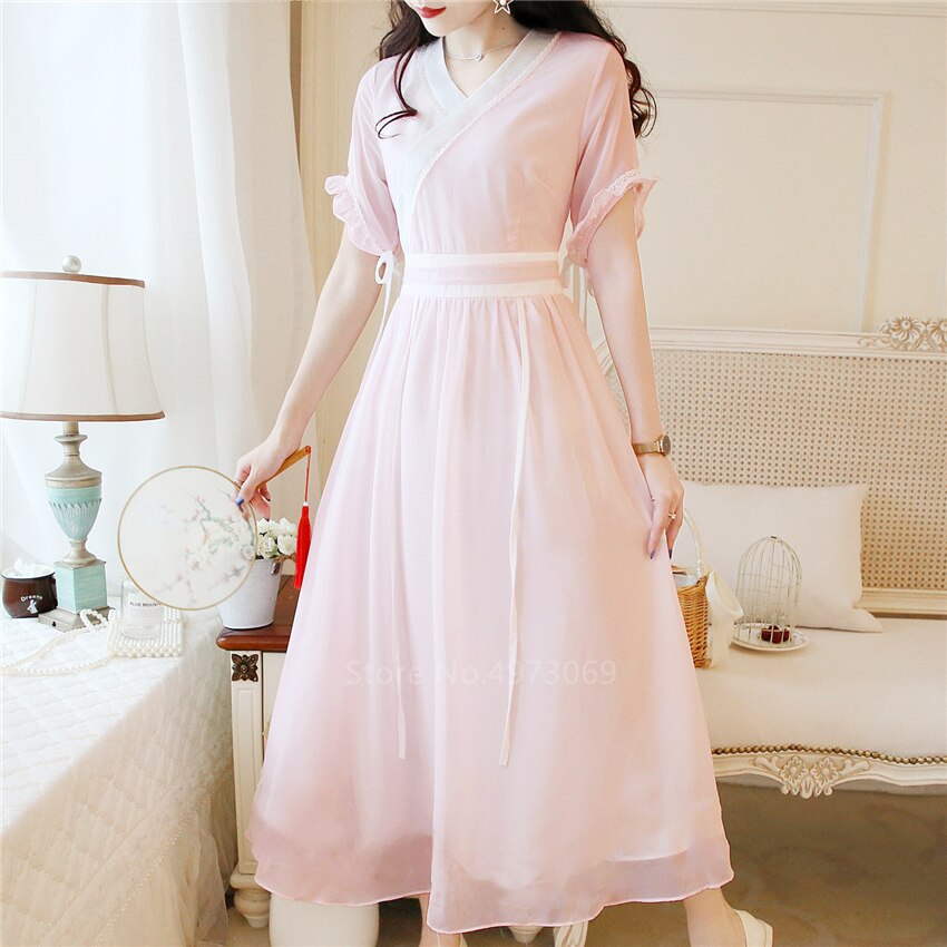 Women Japanese Kimono Summer Chiffon Dress Retro Lace Fancy Yukata Haori Girls Kawaii Pink Party Vestidos Asian Clothes