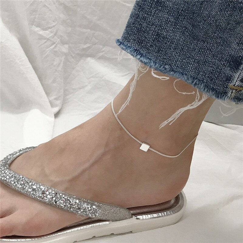 POFUNUO S925 Silver Women Geometric Square Charm Anklets Female Feet Jewelry Cross Curb Chain Niche Anklets Bracelets