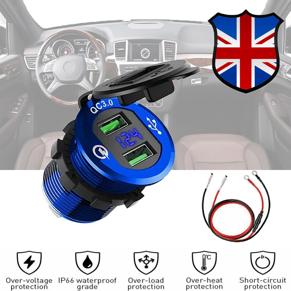 QC 3.0 Aluminium Motorfiets Boot Auto 2 USB Charger LED Voltmeter Voor