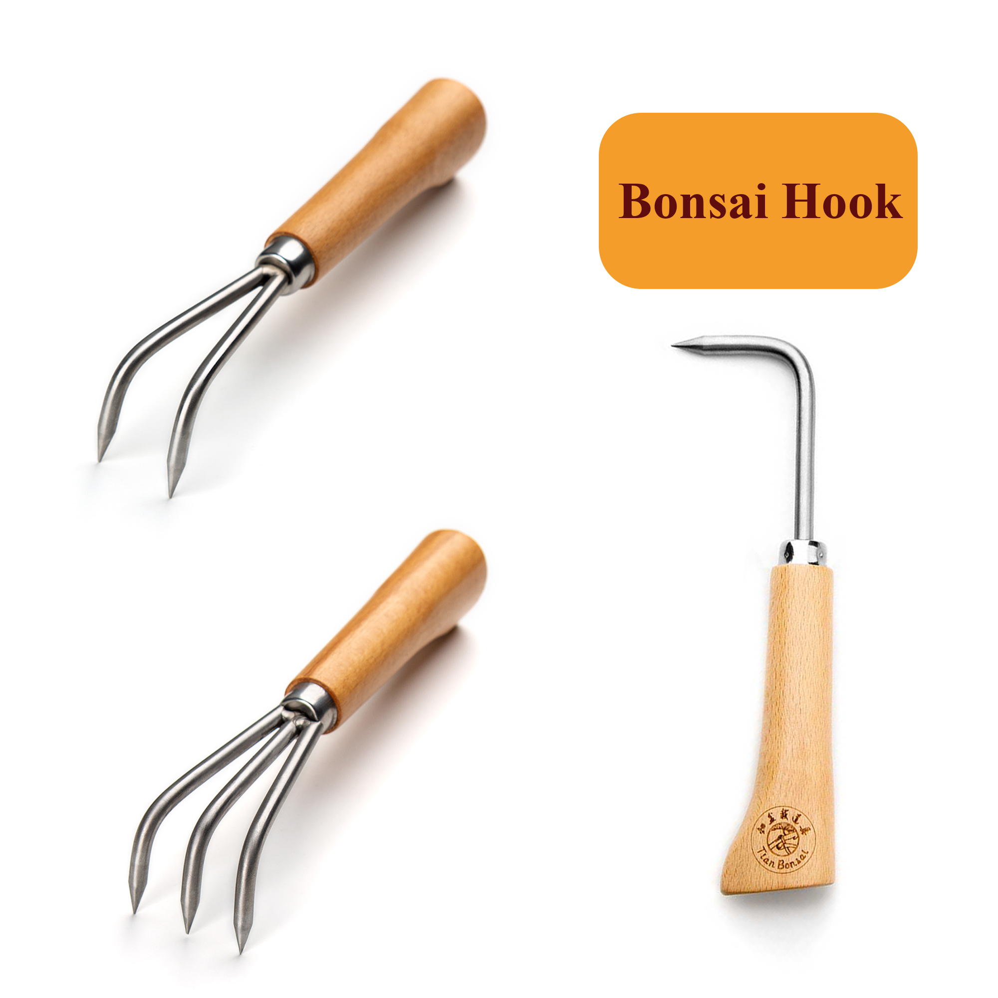 Gancho para herramientas para bonsái, 23 cm (9 "), mango de madera, gancho de acero inoxidable, resistente, muy firme y duradero, fabricado por Tian Bonsai