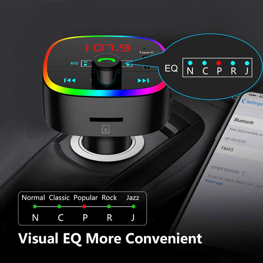 Bil  mp3 afspiller med digital skærm 10 farver rgb lys bluetooth 5.0 tf kort u disk auto musik sender eq modes