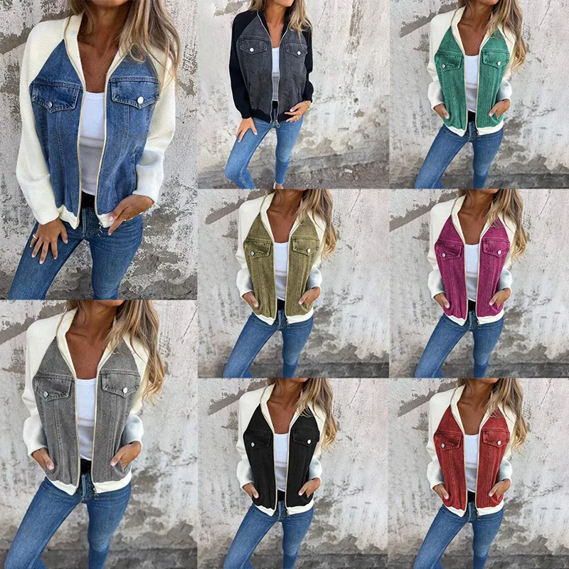 Patchwork-Stil schöNe Stehkragen Jacken weiblichen Reiß verschluss wilde schlanke Jeans mäntel Spitzen Herbst Winter Oberbekleidung