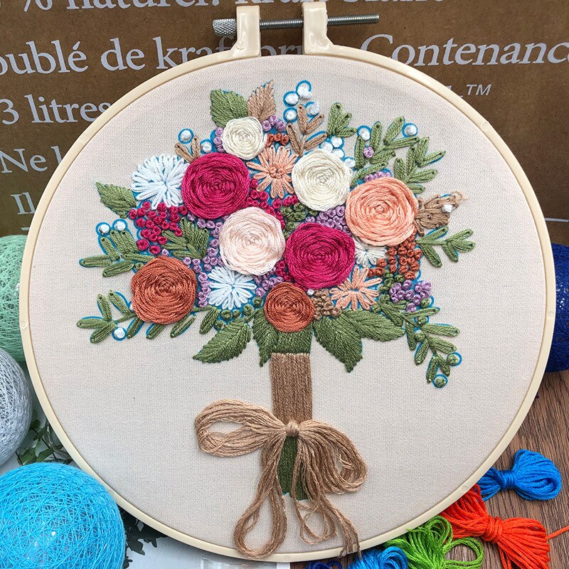 Original DIY 3d Flower Bouquet Needlework Cross Stitch Kit Beginner Handmade Embroidery Fabric Threads Material Bag