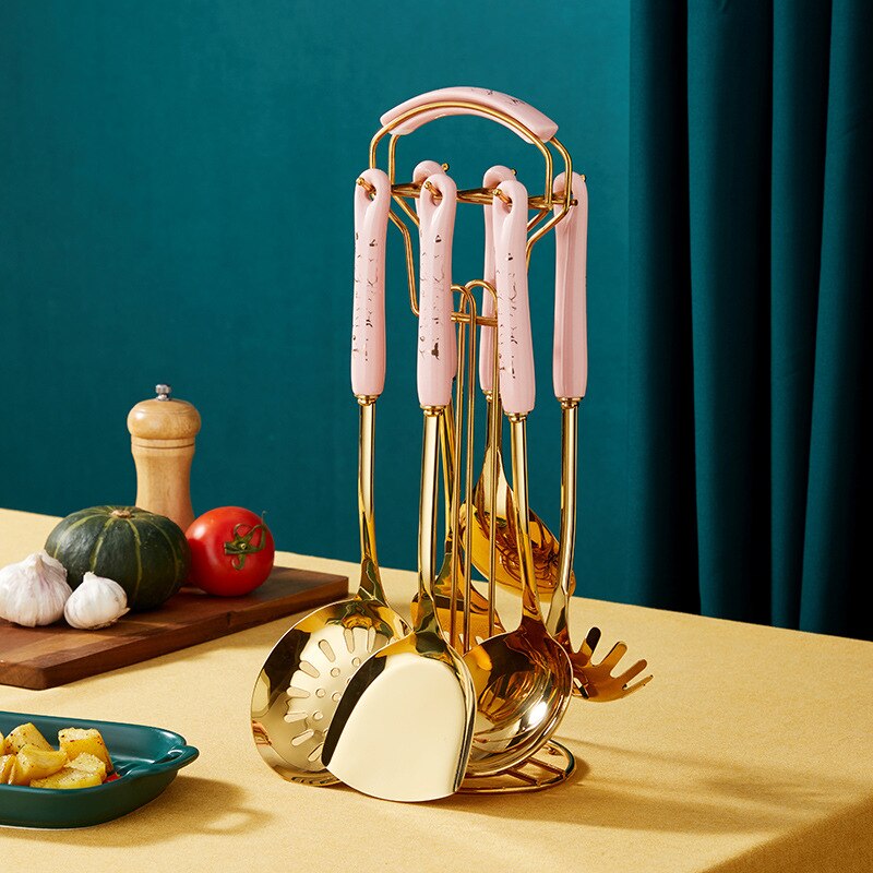 Dark green gold cooking pots set stainless steel cookware set non stick Spatula Shovel spoon kitchen utensils accessories set