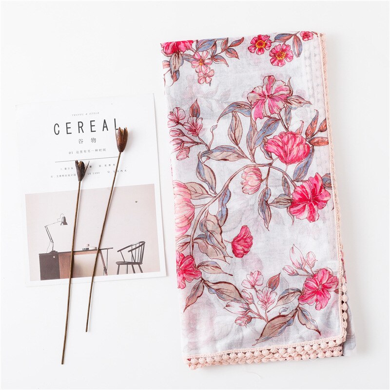 Sparsil-foulard en coton et lin femme | Longue écharpe, imprimé floral, court gland doux, enveloppes d'été, Protection solaire, échalotes de plage: 4Pink Flower