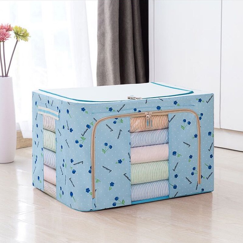 Non-woven Foldable Storage Box Quilt Clothes Steel Frame Transparent Storage Box Sheets Blanket Pillow Container: Blue Cherry